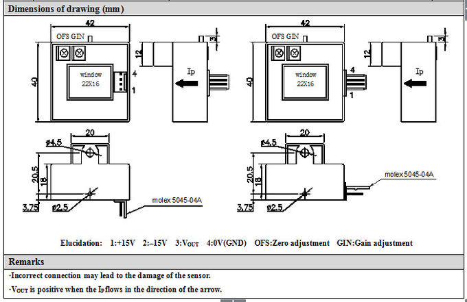Finestra di output ad effetto hall 22 X16mm del trasduttore 4V della corrente di precisione della saldatrice